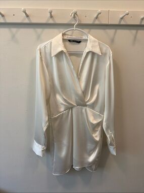 Zara Ivory Satin Wrap-Style Mini Dress